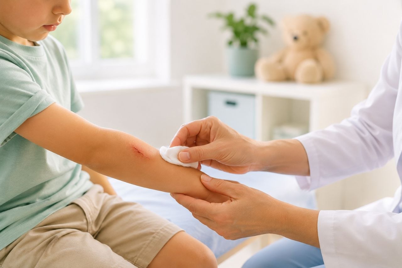 Enfant avec une égratignure recevant un examen de la part du chirurgien